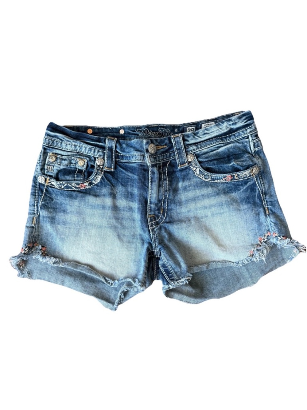 Y2K MissMe Denim Size 29 Rhinestone Cutoff Easy Shorts Embroidered Pockets Blue